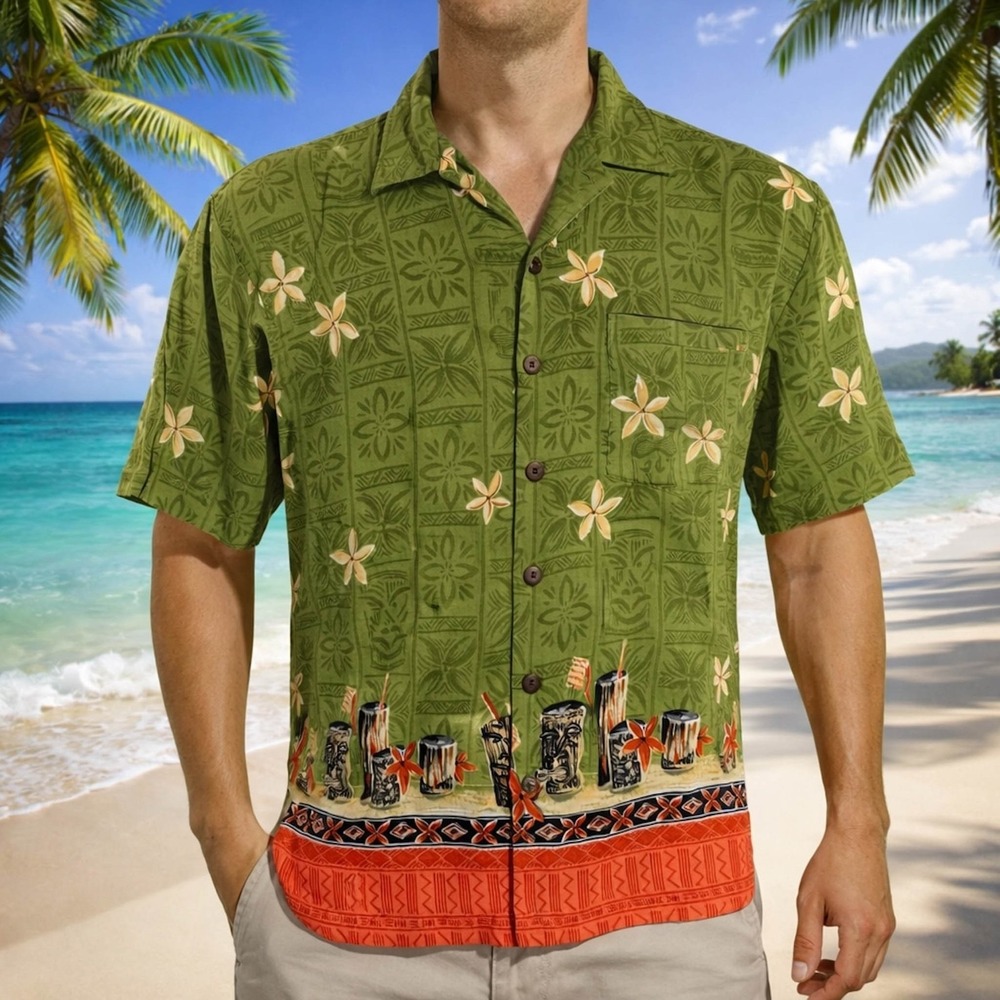 Weekend Traffic Hawaiian Aloha‎ Shirt Medium Tiki Tribal Floral Green Orange